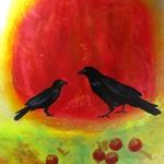 Big Black Bird and Little Black Bird Contemplate Apples
40"h x 30"w